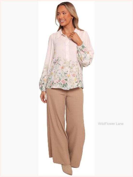 Tops - Women's Button Down Blouse Long Sleeve Floral Puff Sleeve Linen Blend